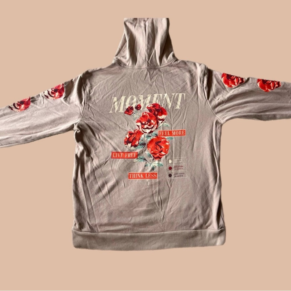Beige Men's Hoodie with Red Floral Design